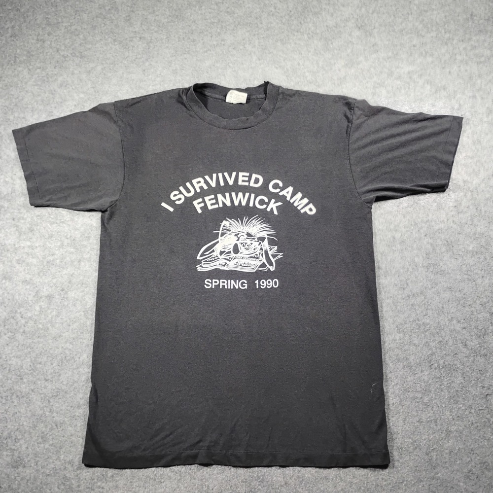 Vintage 90s Hanes I Survived Camp Fenwick Graphic Tee Shirt Men's Size L Black